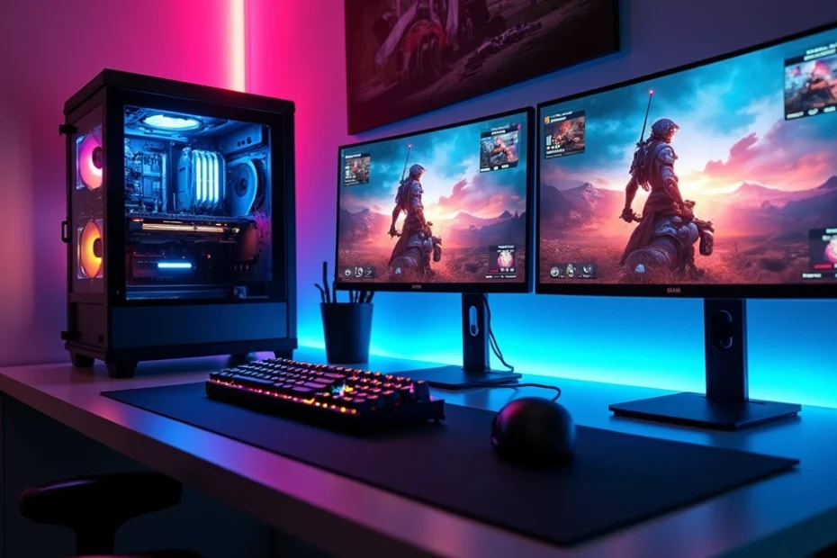 High-end gaming PC setup with multiple monitors displaying game visuals and performance stats