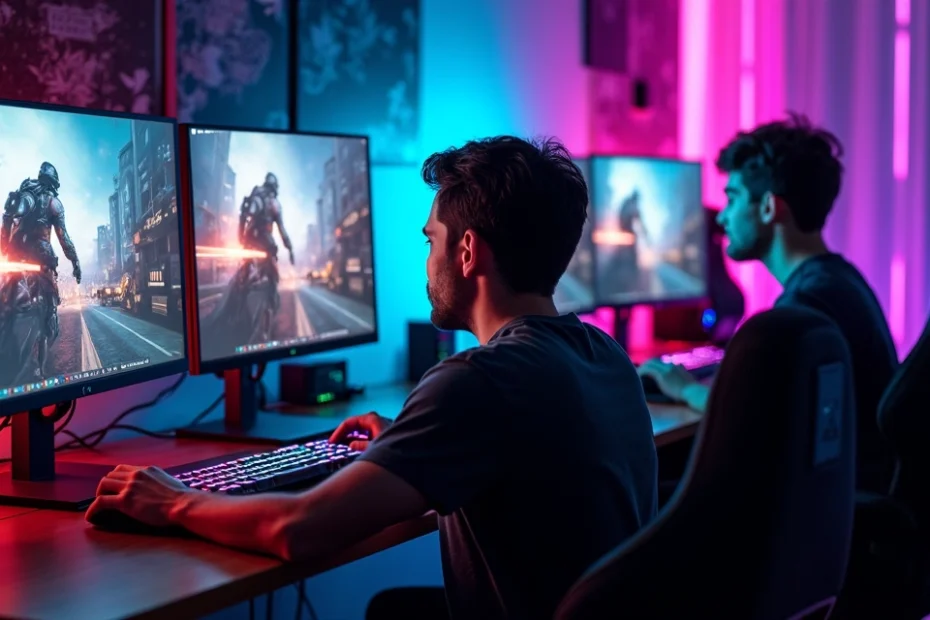 Gaming setup with multiple PCs connected for multiplayer session showing players interacting on screens