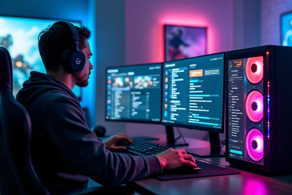 PC gamer using a high-end desktop computer with multiple monitors displaying game settings menus