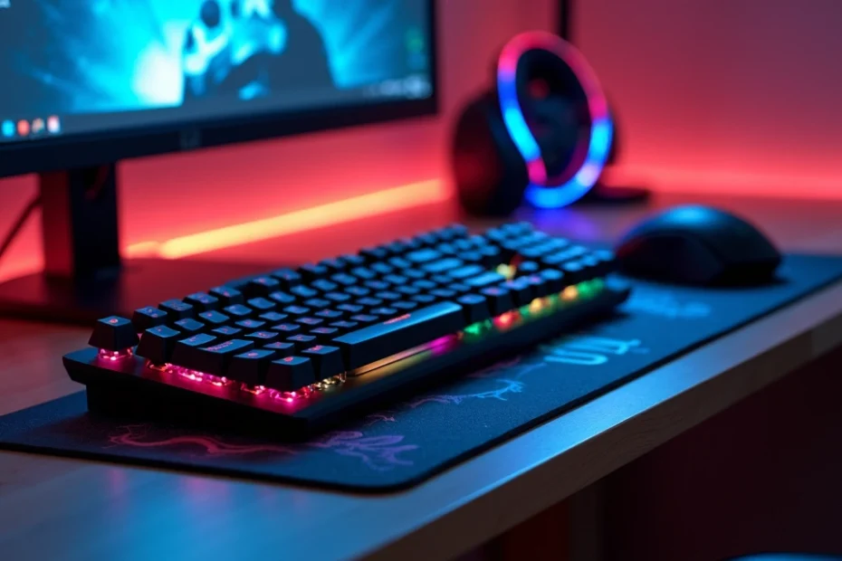 PC gaming setup with keyboard, mouse, and game controller on desk