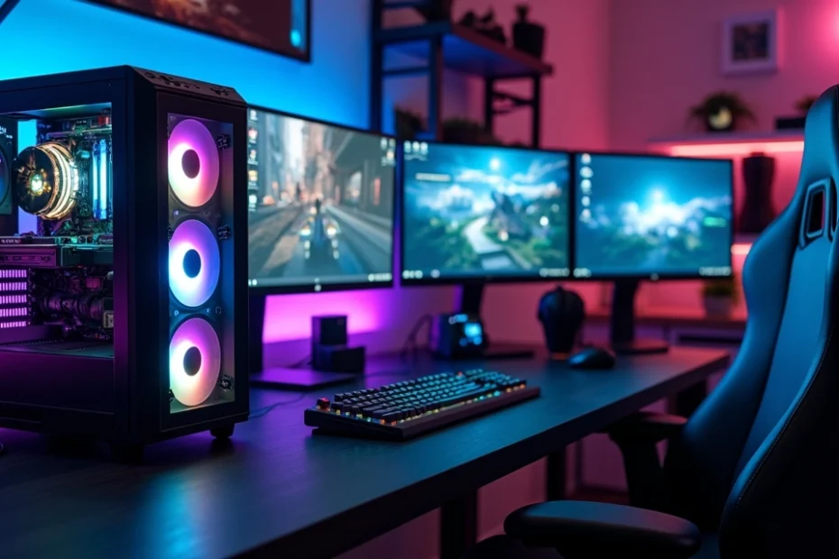 High-end gaming PC setup with multiple monitors showing game installation screens and progress bars