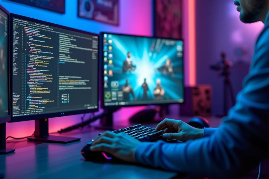 Gamer working on a safe game modding setup with multiple screens showing code and game graphics
