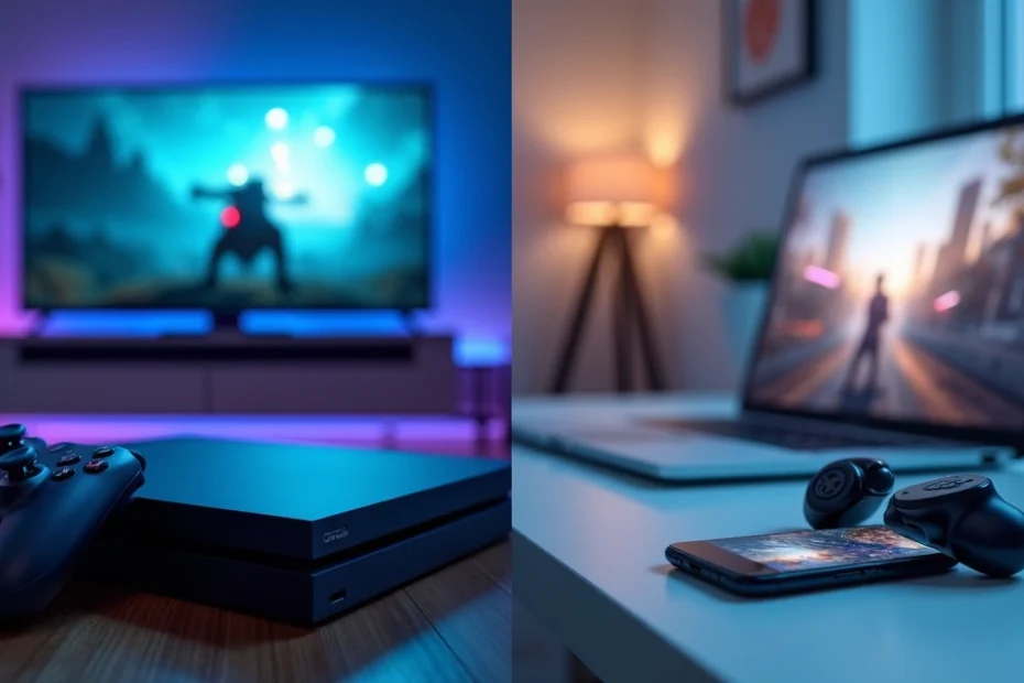 Split scene comparing living room console gaming and cloud gaming on mobile and laptop