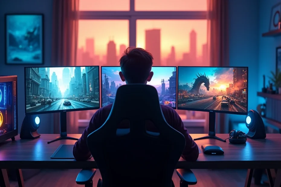 Collage of futuristic 2026 video games on multiple screens