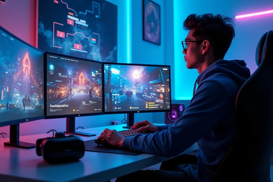 Futuristic gamer playing on multiple screens with holographic game elements