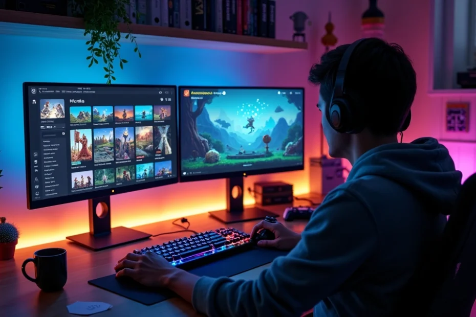 Player discovering indie games in a cozy digital game library