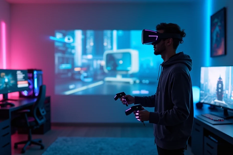Person using a next generation VR headset in a futuristic gaming room