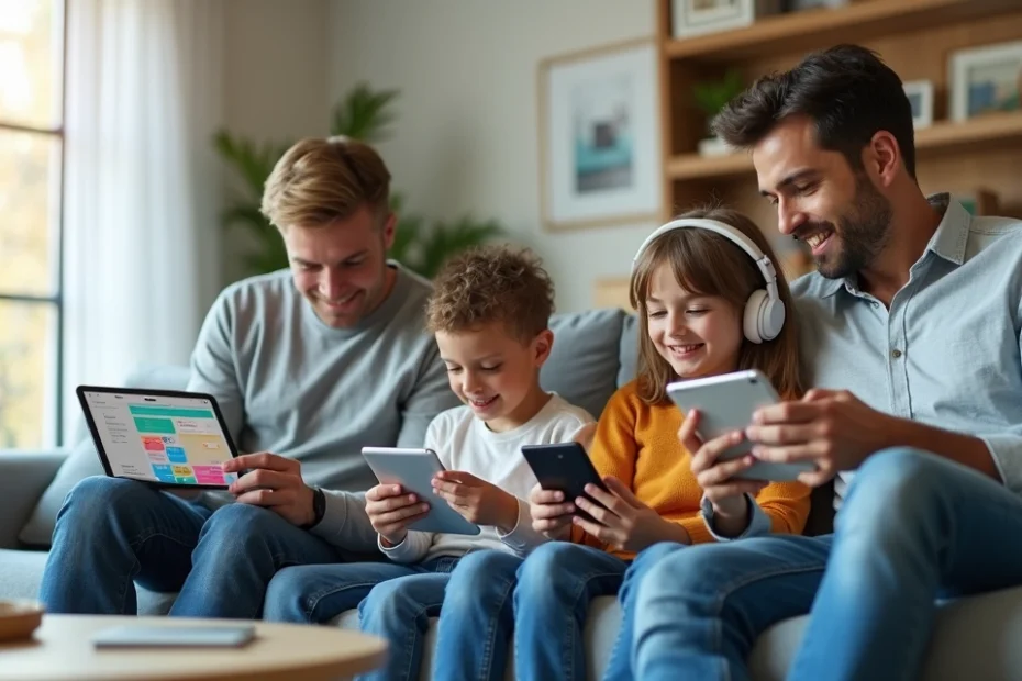 Parents and children using tablets and phones together in a cozy living room