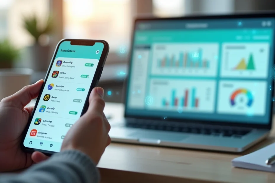 Person managing app subscriptions on a smartphone and laptop with digital dashboard