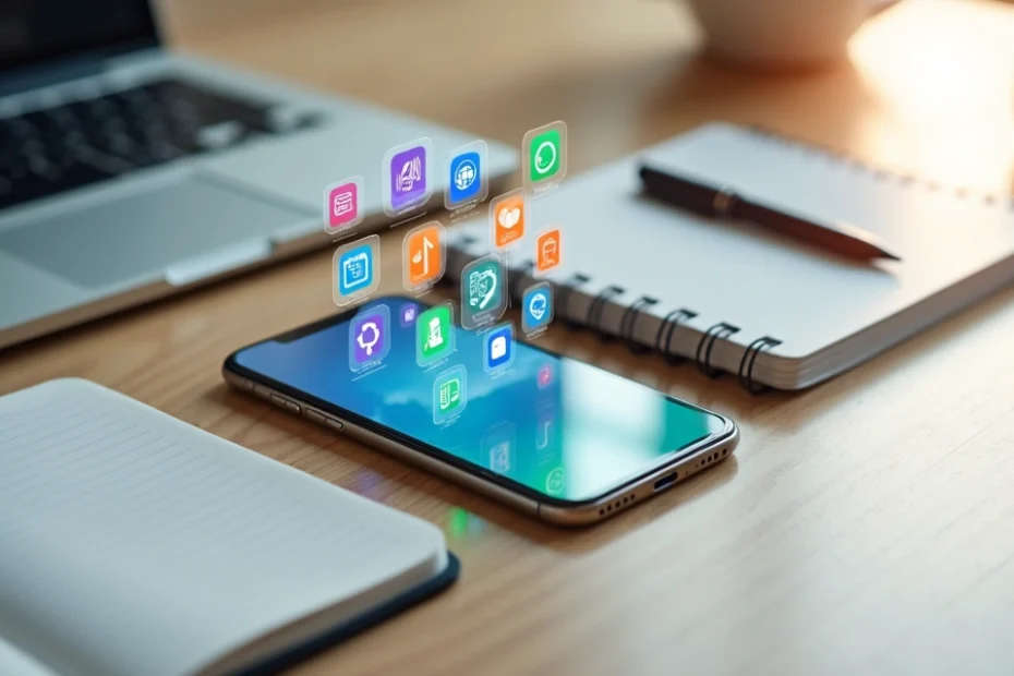 Person using multiple mobile productivity apps on smartphone at organized desk