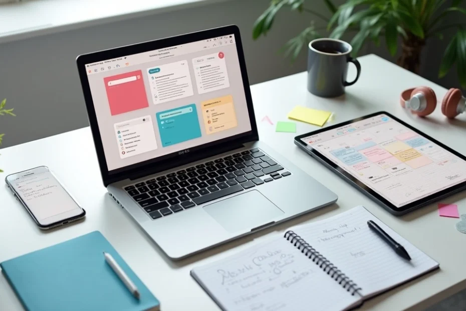 Person comparing note-taking apps on laptop and tablet at organized desk