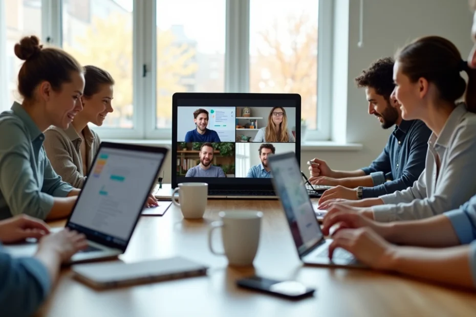 Remote team using collaboration apps on laptops in a virtual meeting