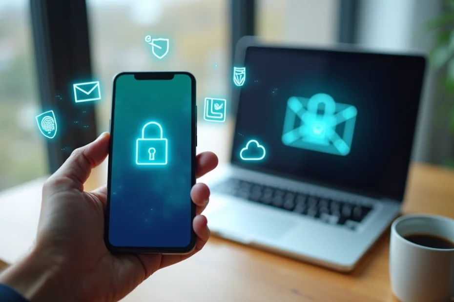 Person choosing a secure email app on a smartphone with security icons around
